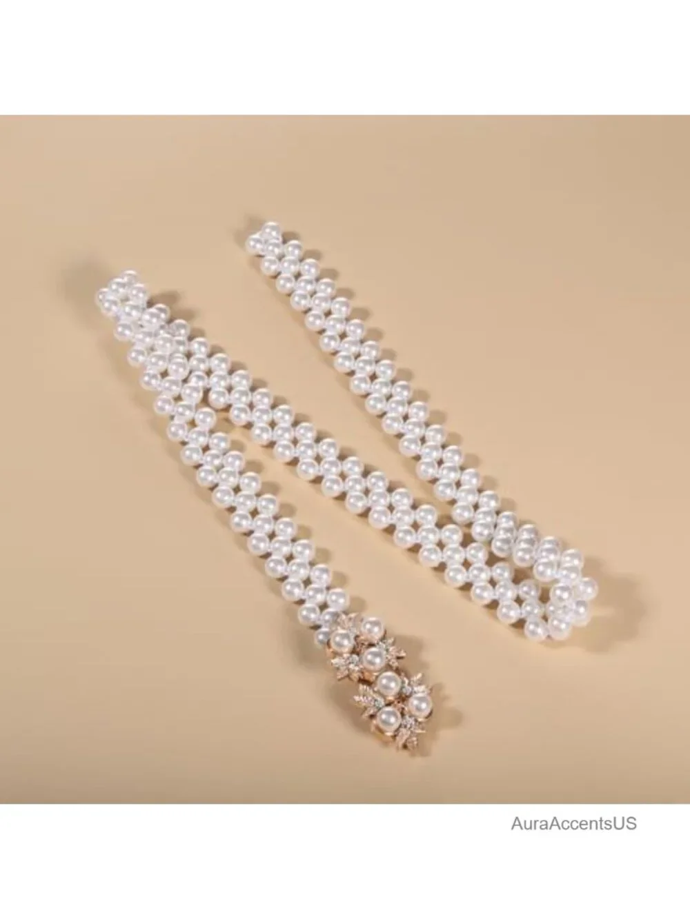 Pearl Belt Women Faux Pearl Rhinestone Elastic Buckle Waist Belt for Wedding